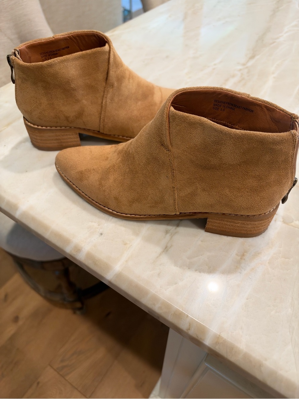 BEAST FASHION Tan Suede Ankle Booties with Low Stacked Heel